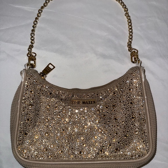 Steve Madden Rhinestone Shoulder Bag Crystal Evening Purse Crossbody Gold Stud - Picture 2 of 13
